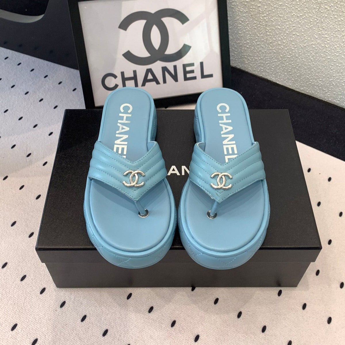 CC Thong Slippers In Could Blue Lambskin 147048