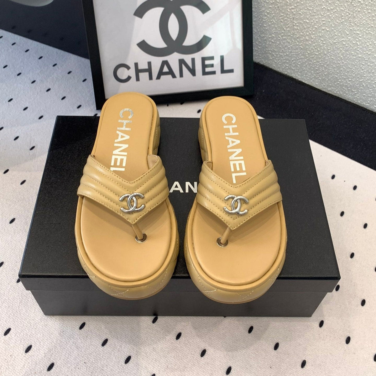 CC Thong Slippers In Dark Beige Lambskin 147050