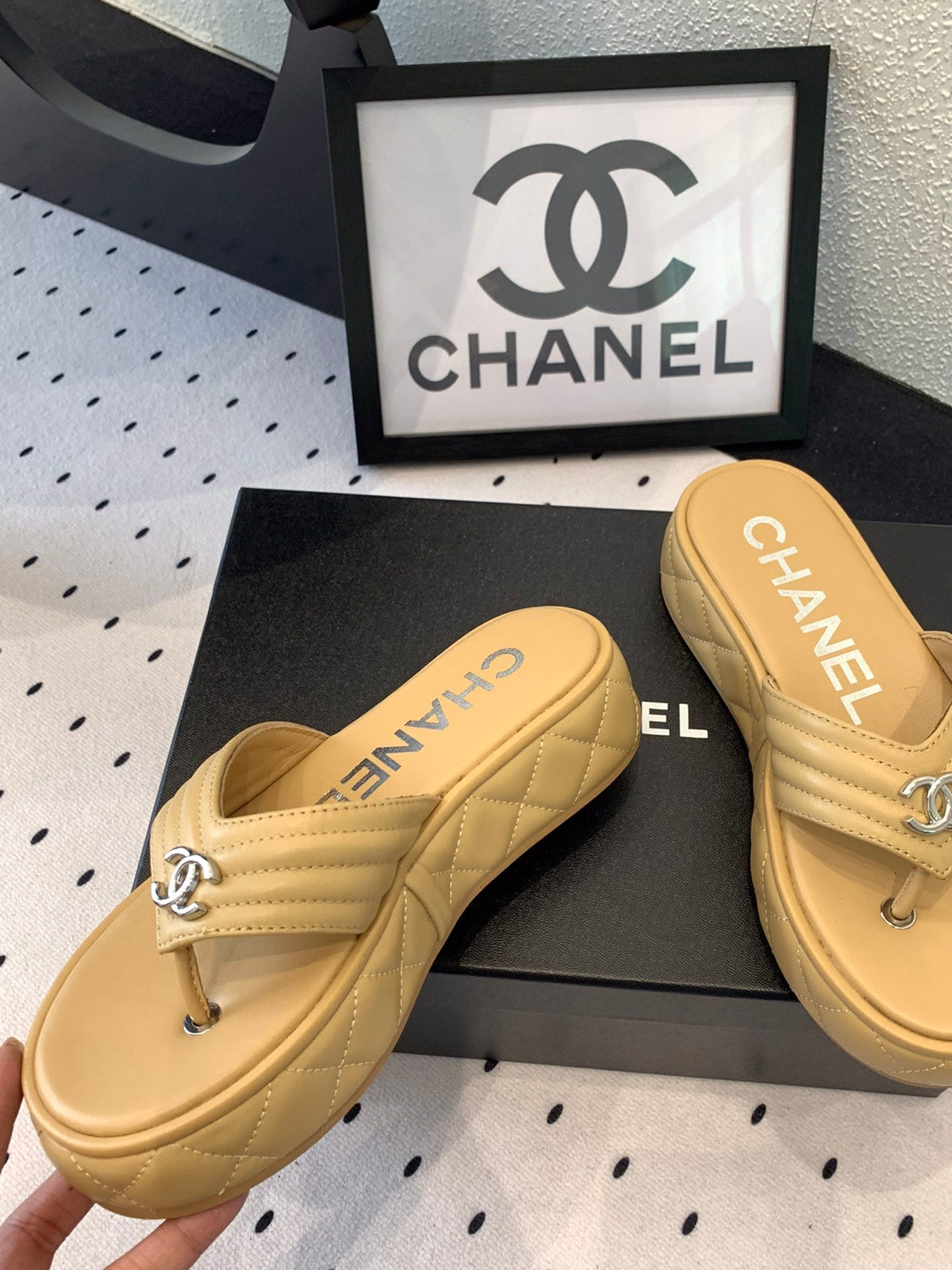 CC Thong Slippers In Dark Beige Lambskin 147050
