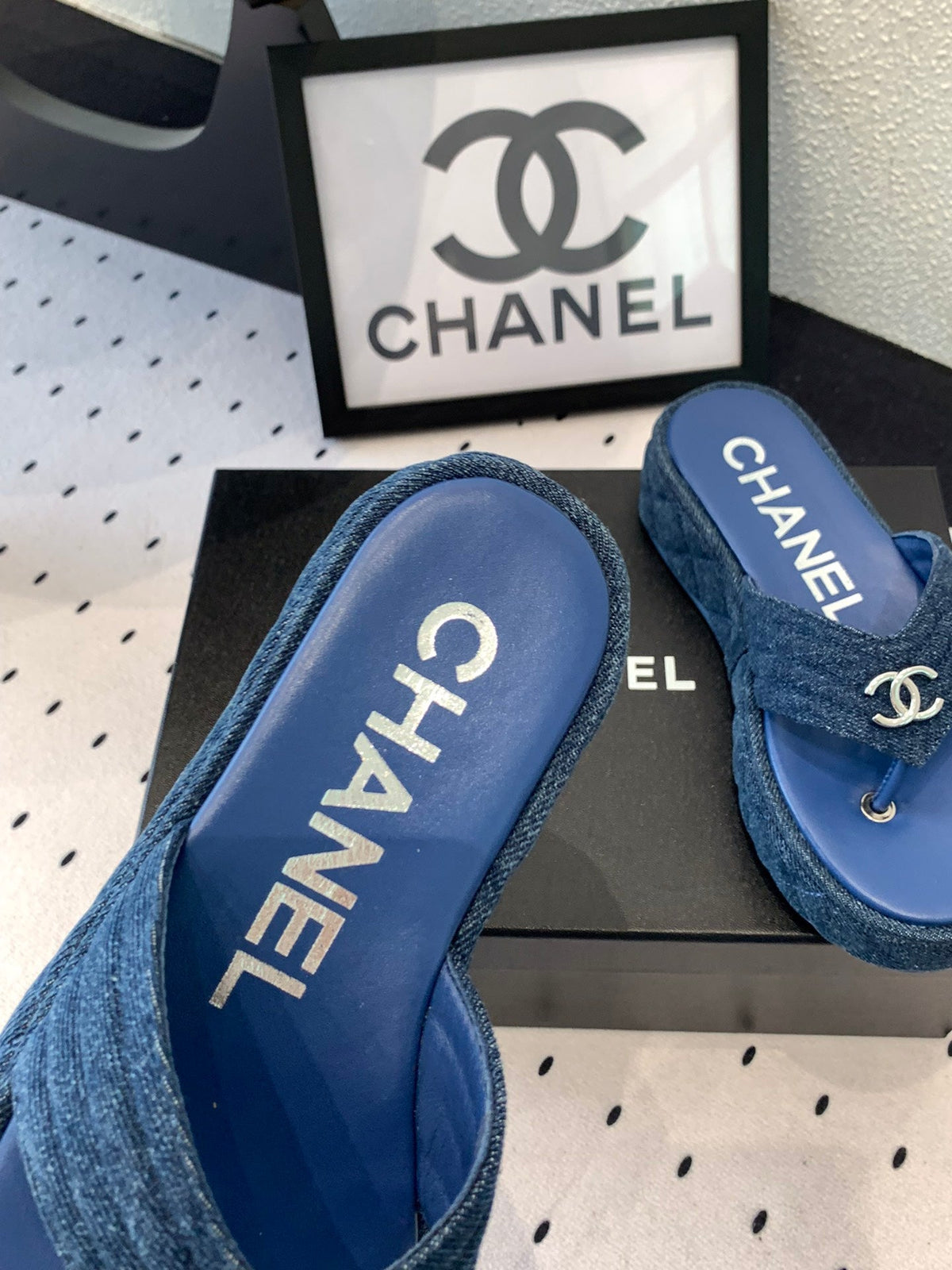 CC Thong Slippers In Navy Blue Denim Fabric 147052