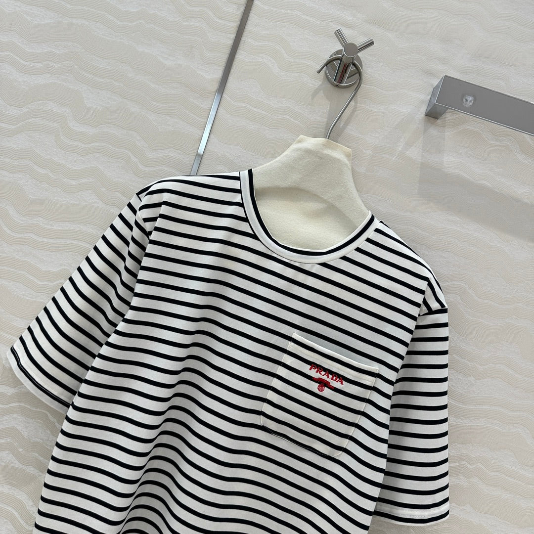 Prada Striped Short-sleeved T-shirt Black mix White Cotton