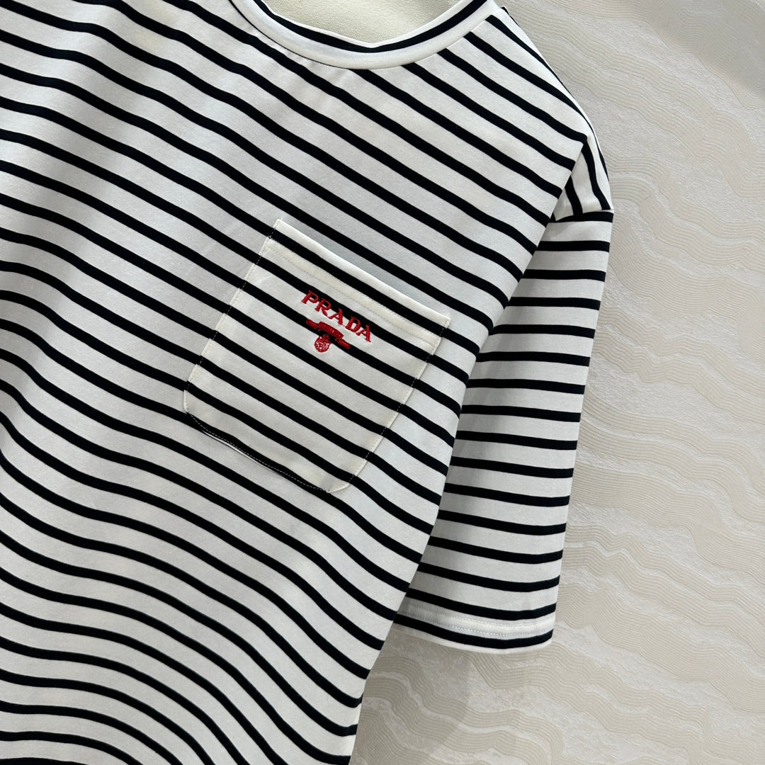 Prada Striped Short-sleeved T-shirt Black mix White Cotton