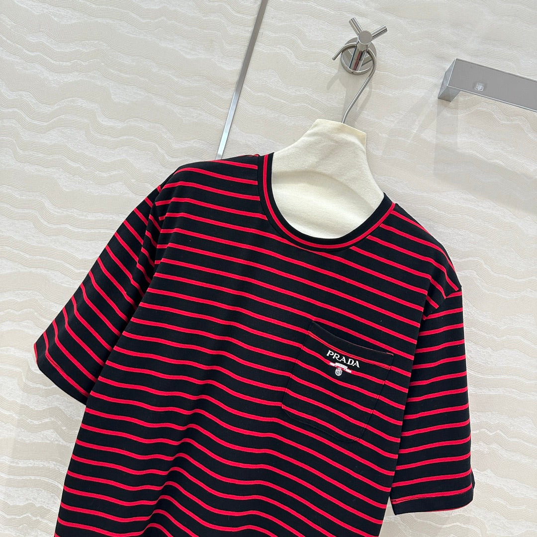Prada Striped Short-sleeved T-shirt Red mix Black Cotton