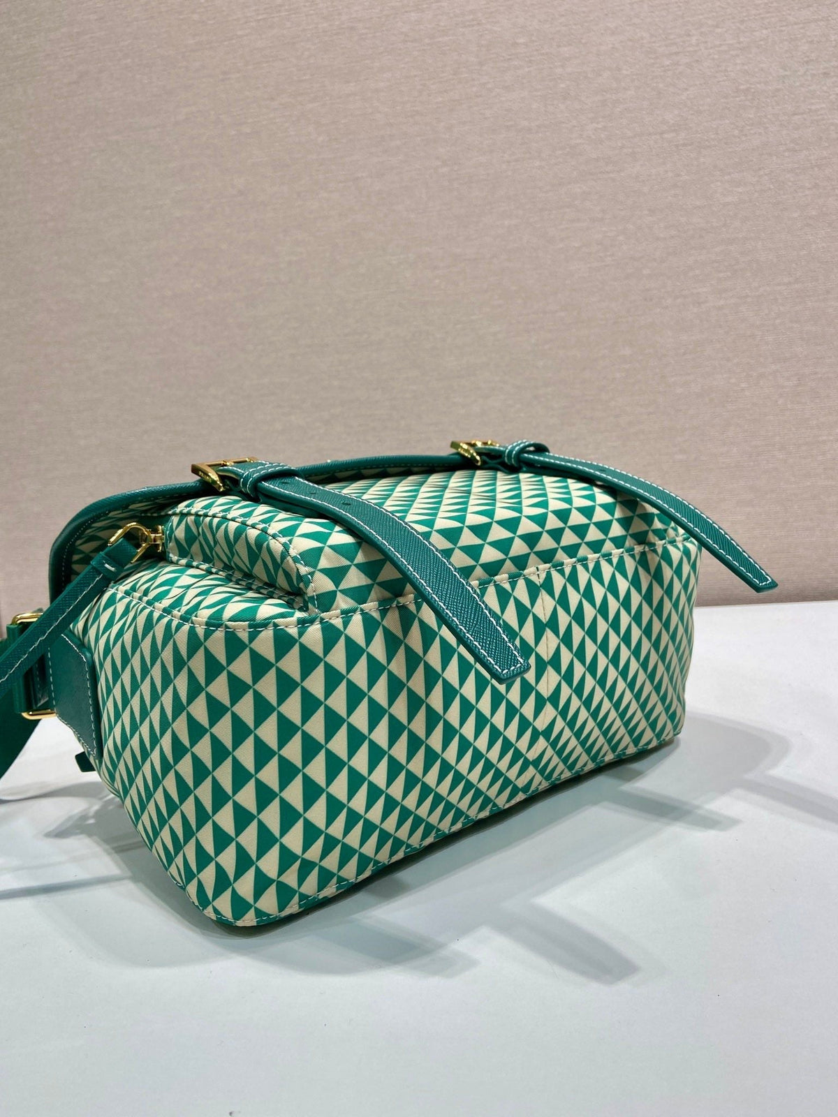 MESSENGER BAG 25 IN FOREST GREEN MIX CREAM TRIANGLE PATTERN EMBROIDERED FABRIC