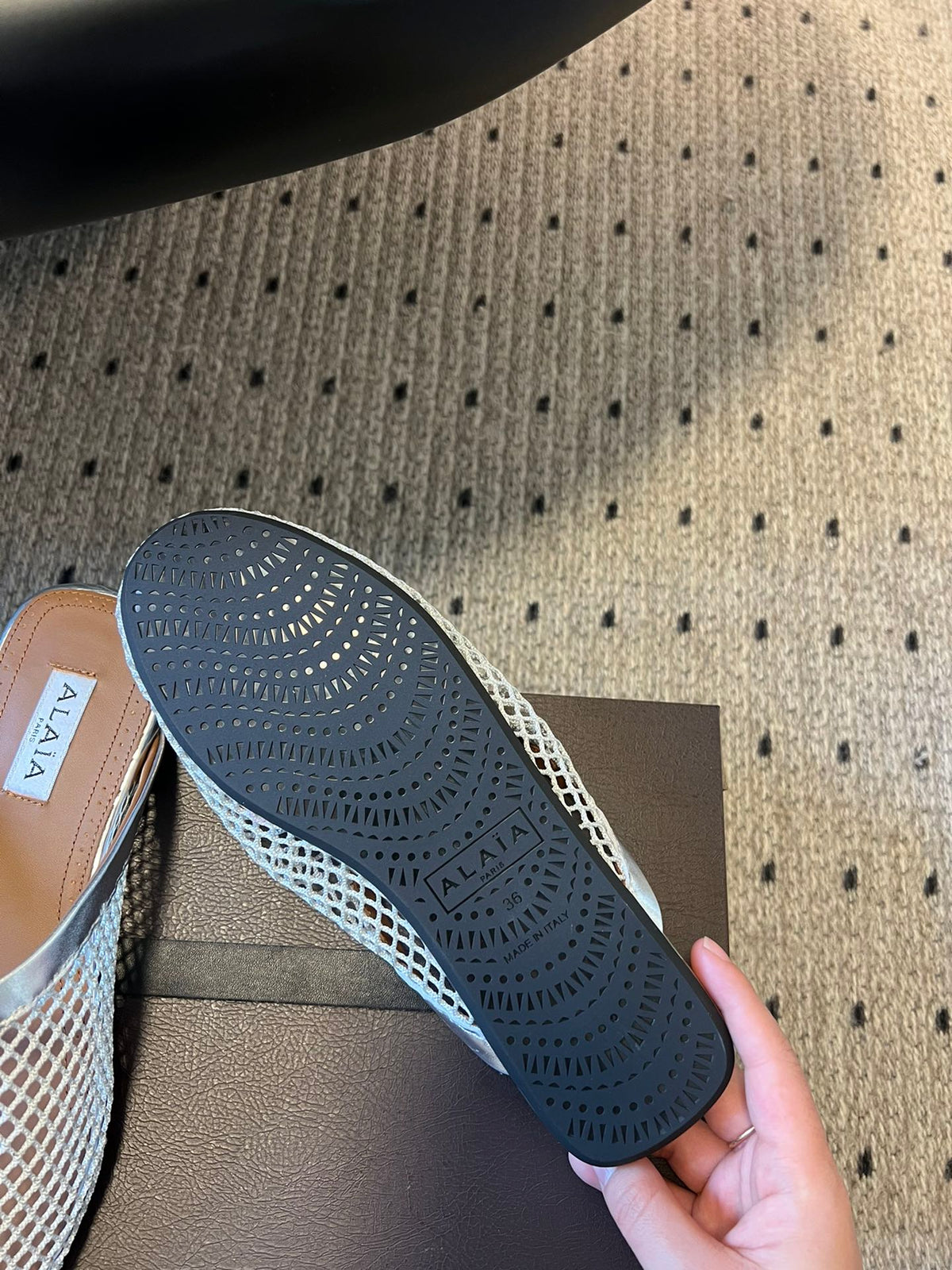 Alaia 25 Fishnet Flat Mules Silver Lampskin 303679