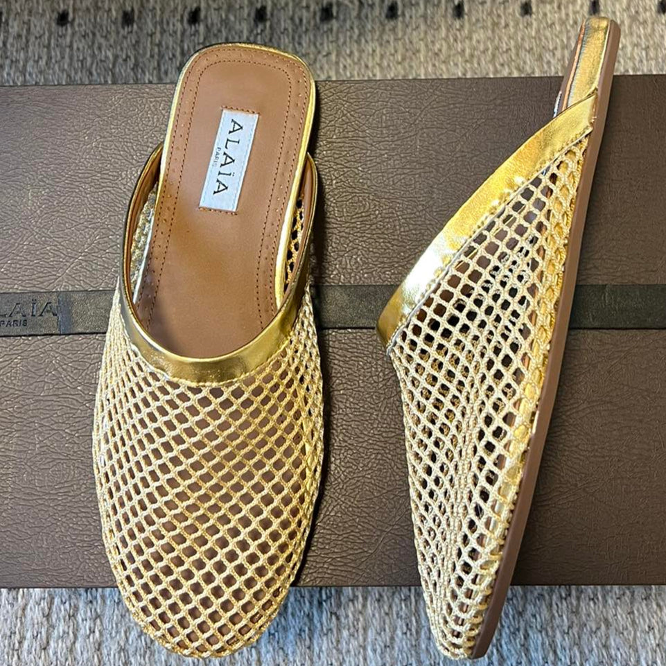 Alaia 25 Fishnet Flat Mules Gold Lampskin 303680