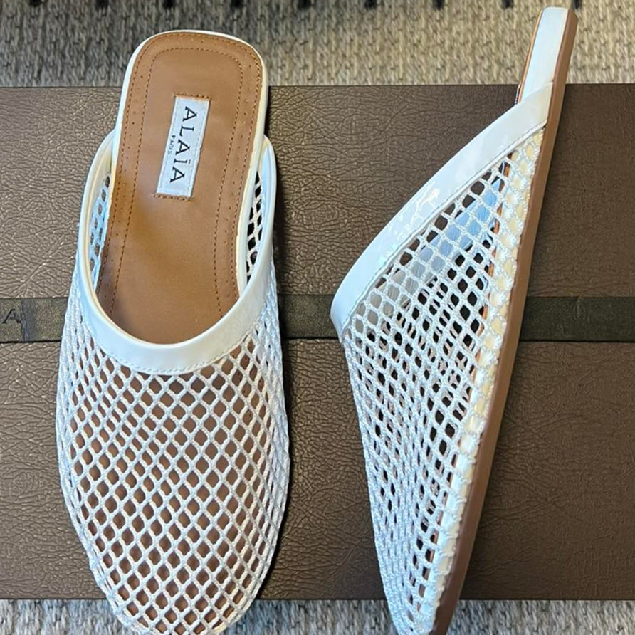 Alaia 25 Fishnet Flat Mules White  Lampskin 303681
