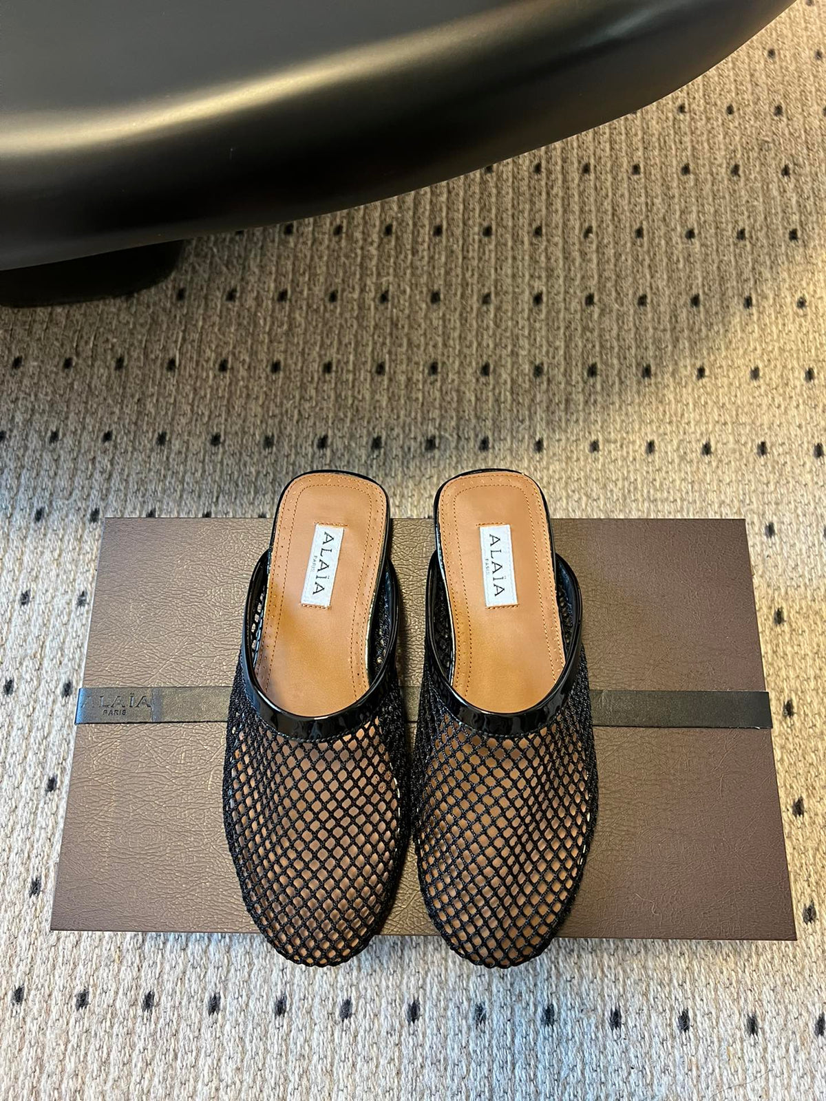 Alaia 25 Fishnet Flat Mules Black Lampskin 303685