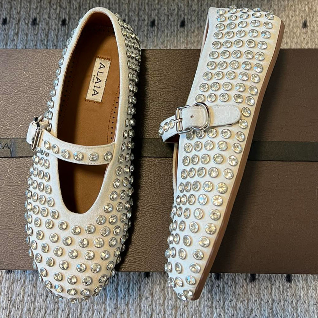 Alaia 25 Strass Ballet Flats White Suede Goatskin 303727