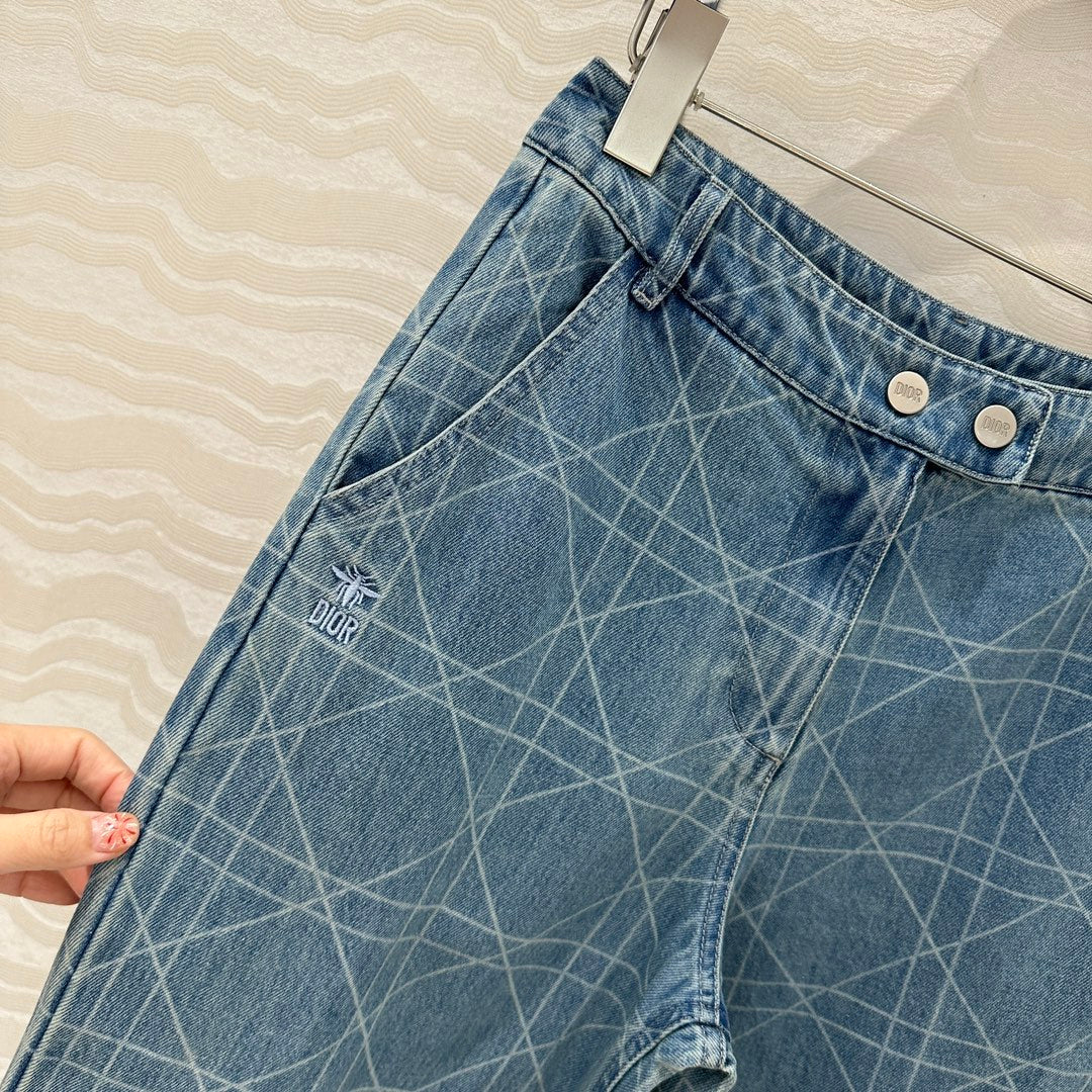 CD Plaid Straight Jeans Retro Blue Cotton