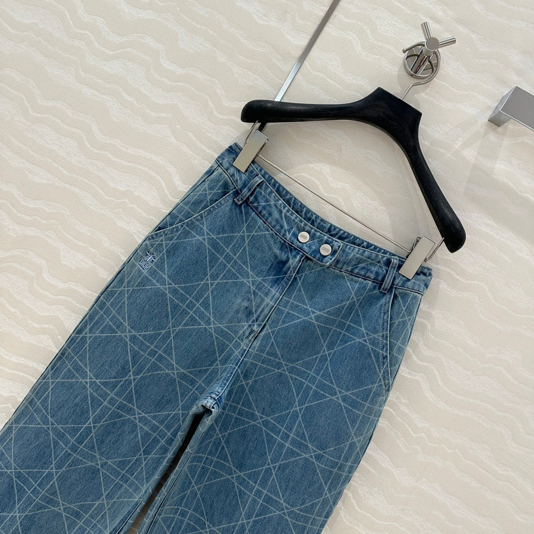 CD Plaid Straight Jeans Retro Blue Cotton