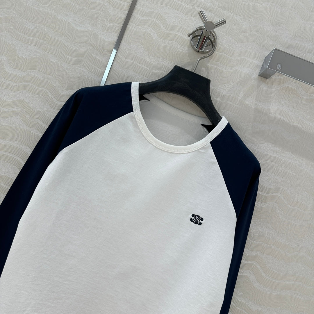 Celine Arc de Triomphe long-sleeved T-shirt Navy Blue mix White Cotton