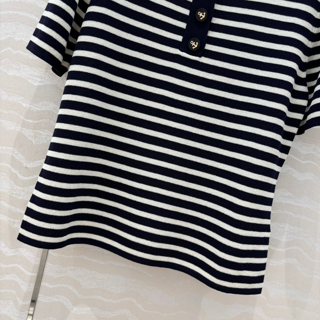 CD Striped Round-neck Knitted Top Navy Blue White Tencel