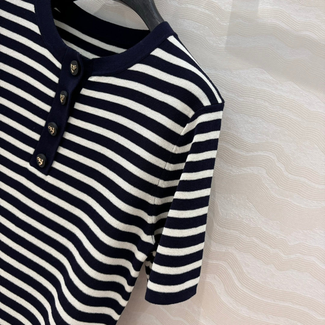CD Striped Round-neck Knitted Top Navy Blue White Tencel