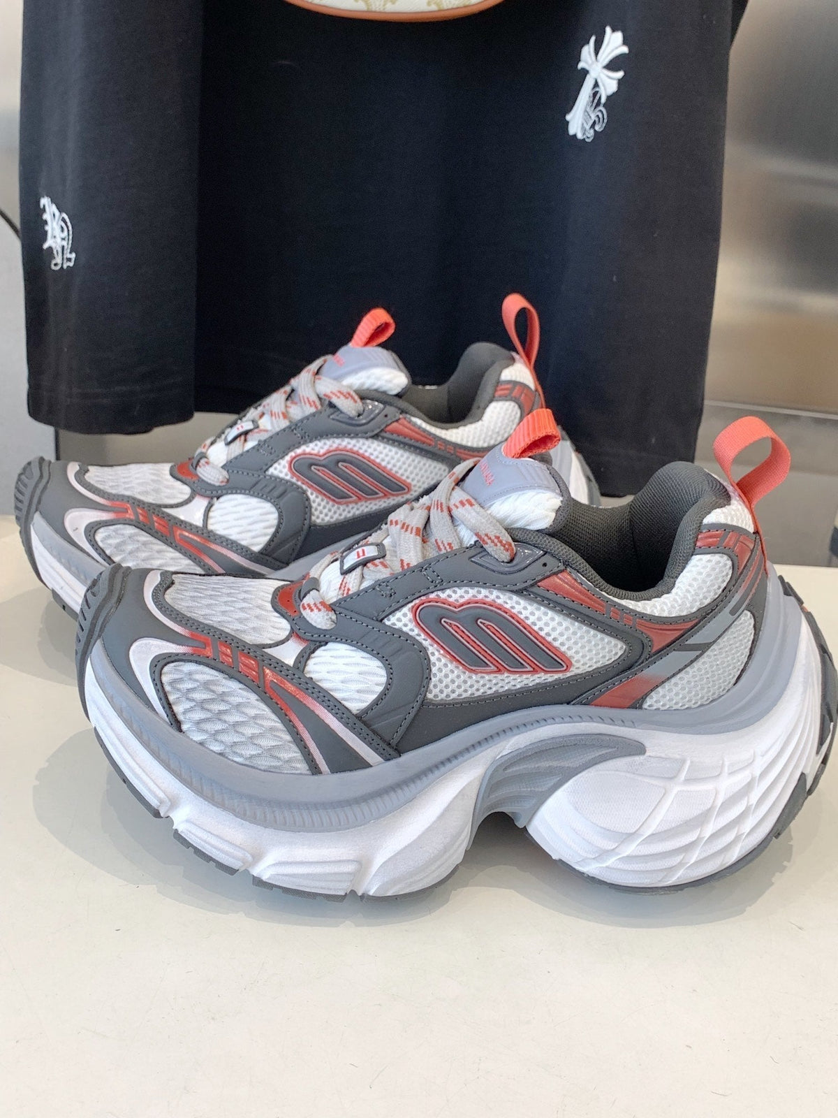 DAD SHOES IN GREY RED WHITE MESH AND CALFSKIN