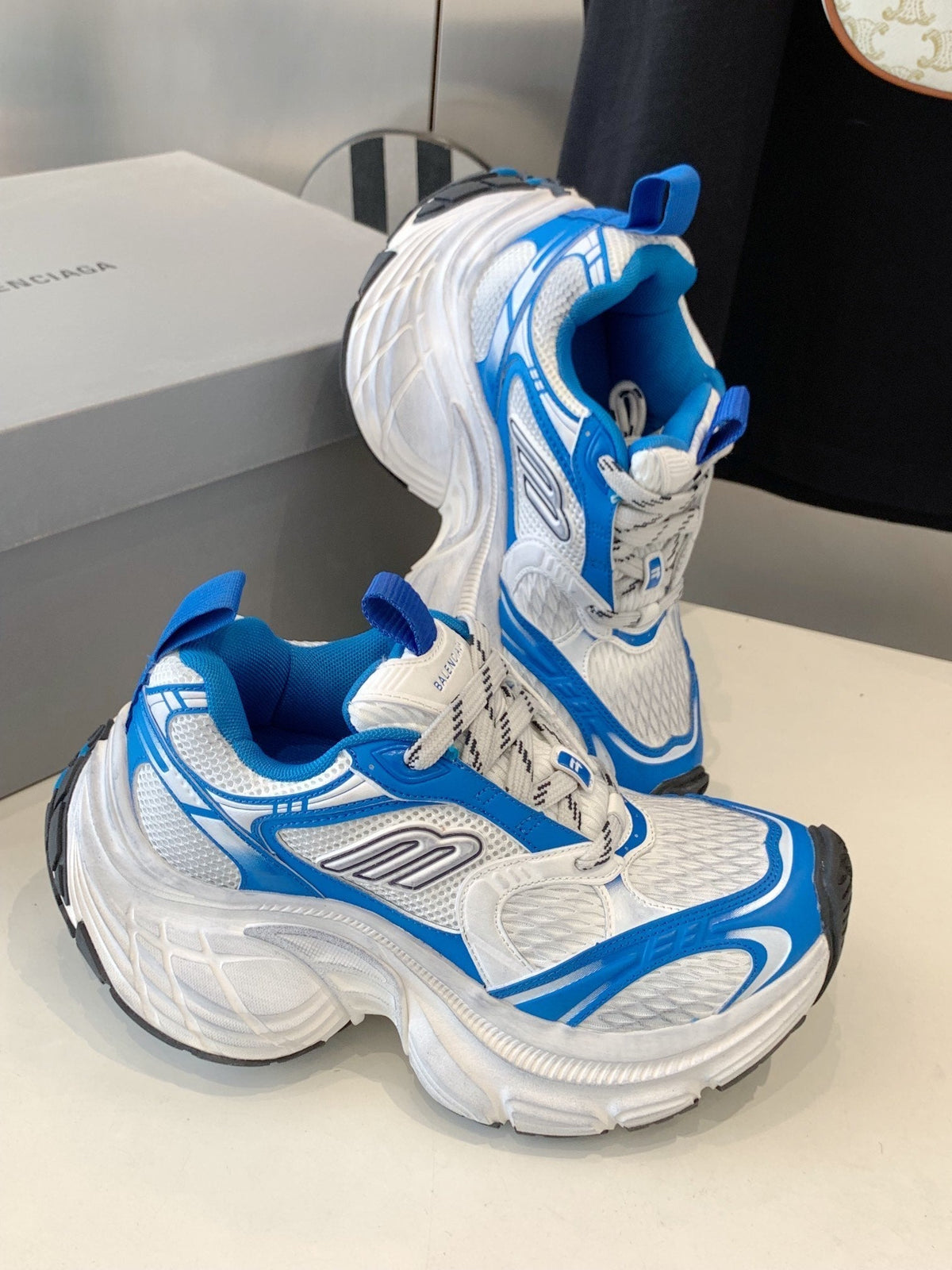 DAD SHOES IN WHITE MIX BLUE MESH AND CALFSKIN