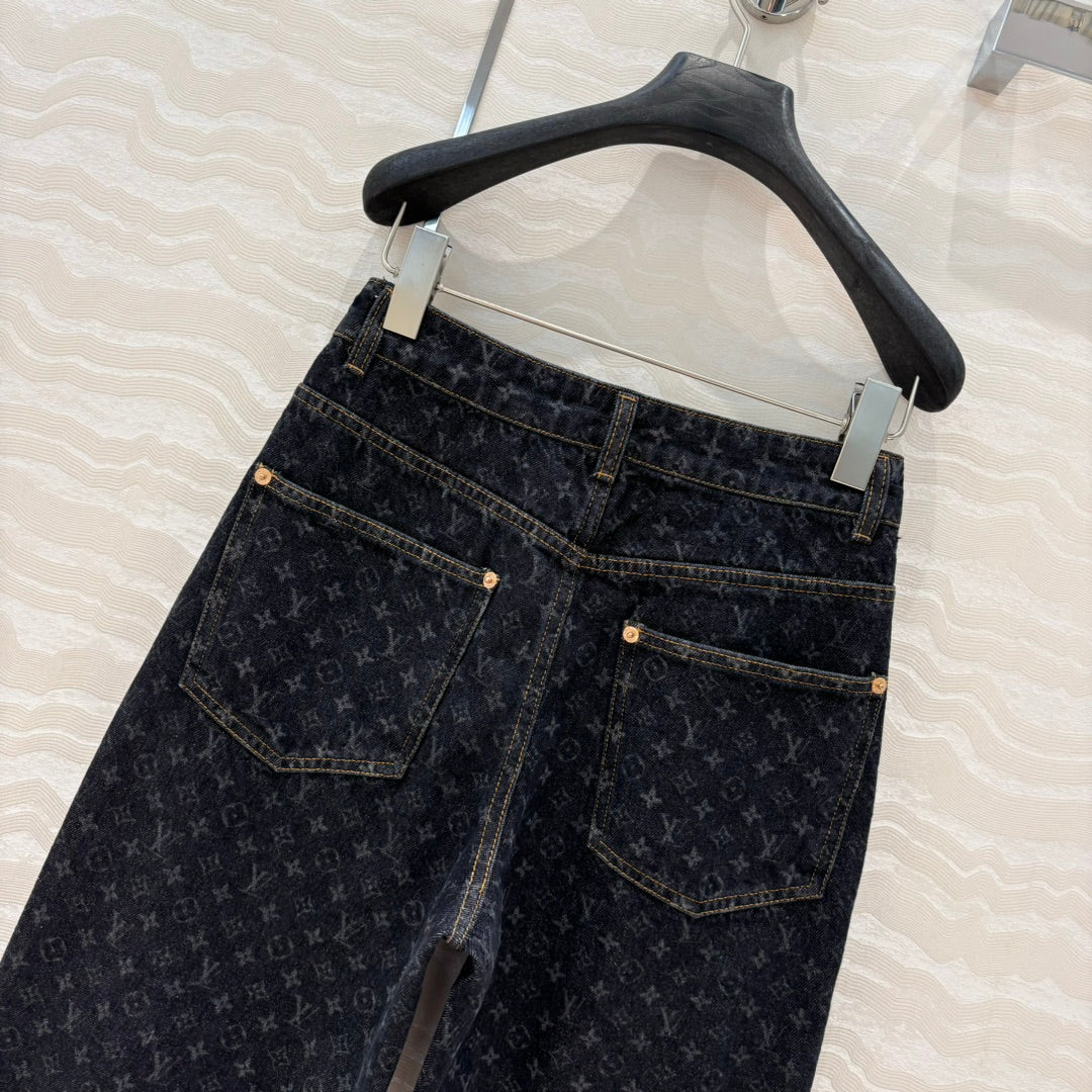 LV 25 Jacquard Logo Denim Trousers Black Cotton