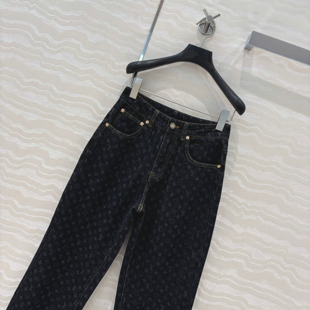 LV 25 Jacquard Logo Denim Trousers Black Cotton