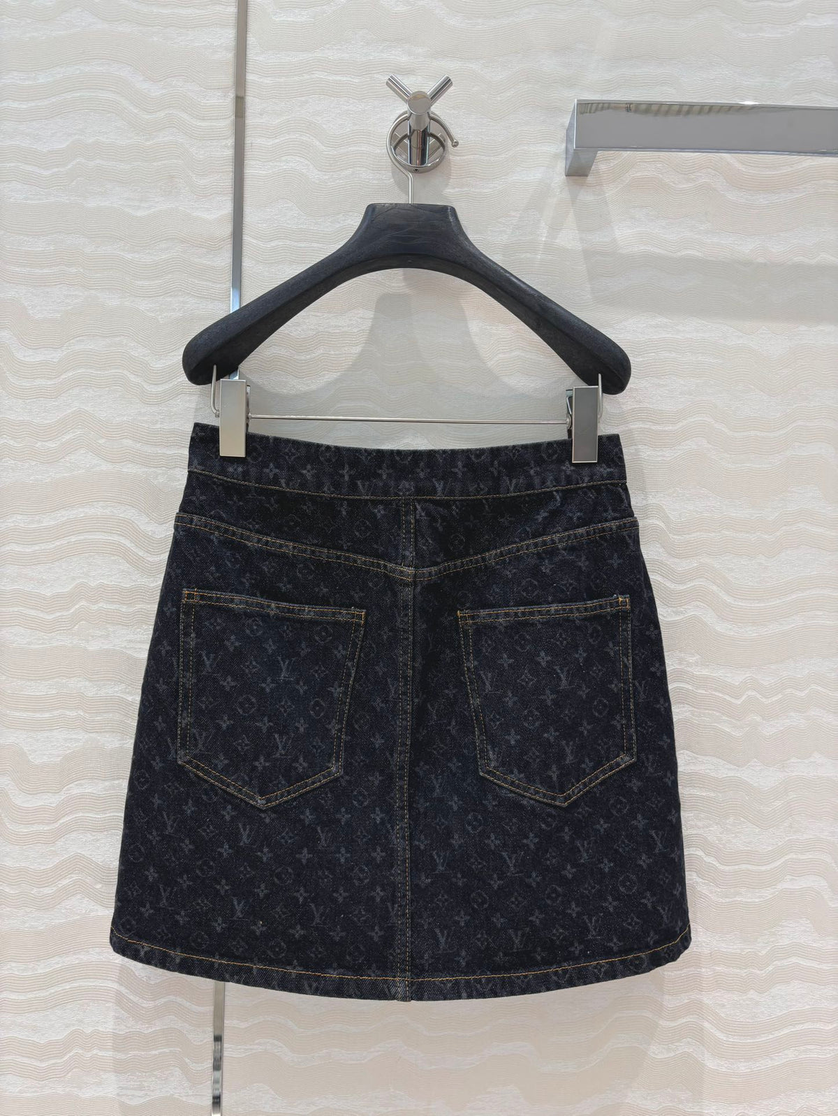 LV 25 Monogram Jacquard Logo Denim Skirt Black Cotton