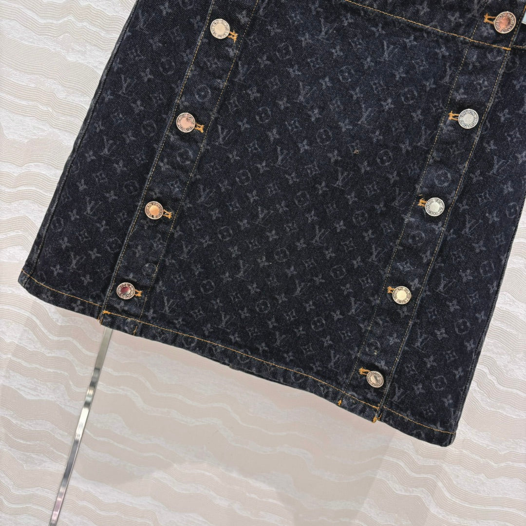 LV 25 Monogram Jacquard Logo Denim Skirt Black Cotton