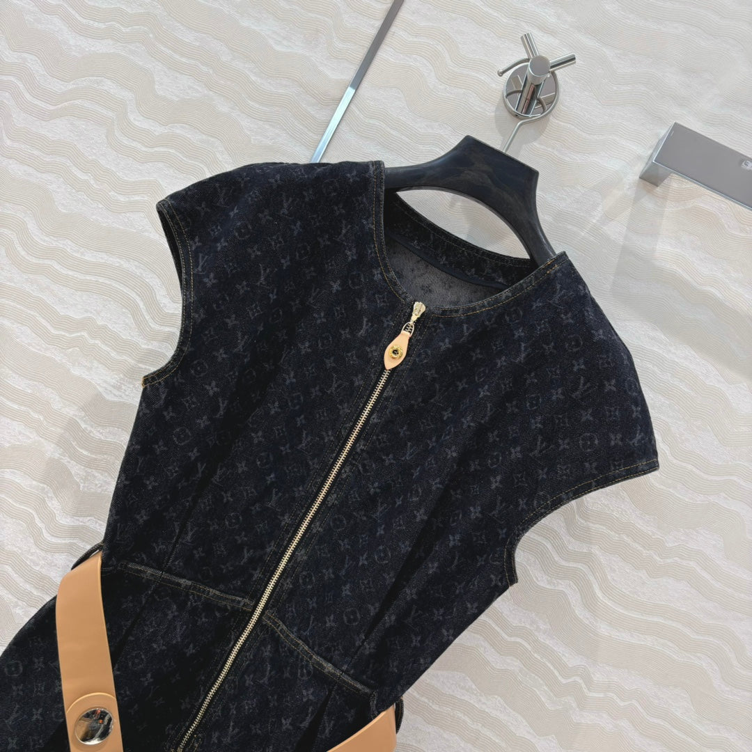 LV 25 Monogram Jacquard Logo Denim Dress Black Cotton