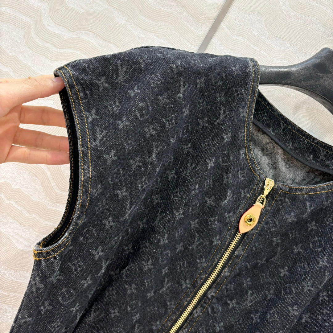 LV 25 Monogram Jacquard Logo Denim Dress Black Cotton
