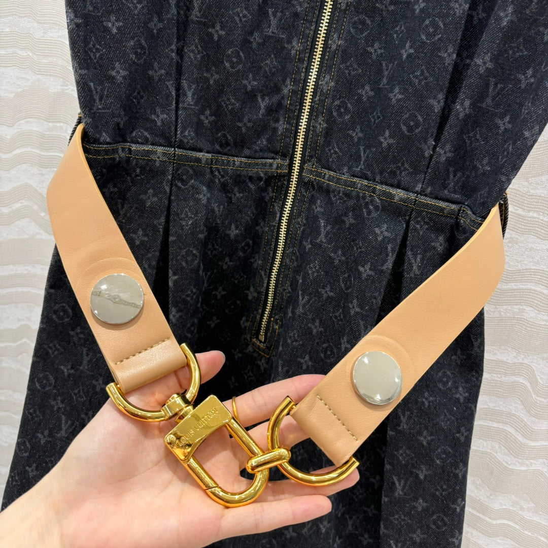 LV 25 Monogram Jacquard Logo Denim Dress Black Cotton
