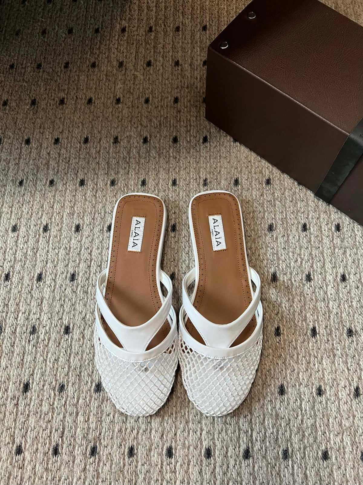 Alaia 25 Infradito Fishnet Flat Mules White Lampskin 303706