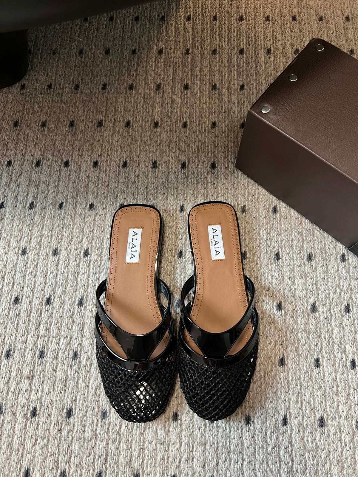 Alaia 25 Infradito Fishnet Flat Mules Black Lampskin 303708