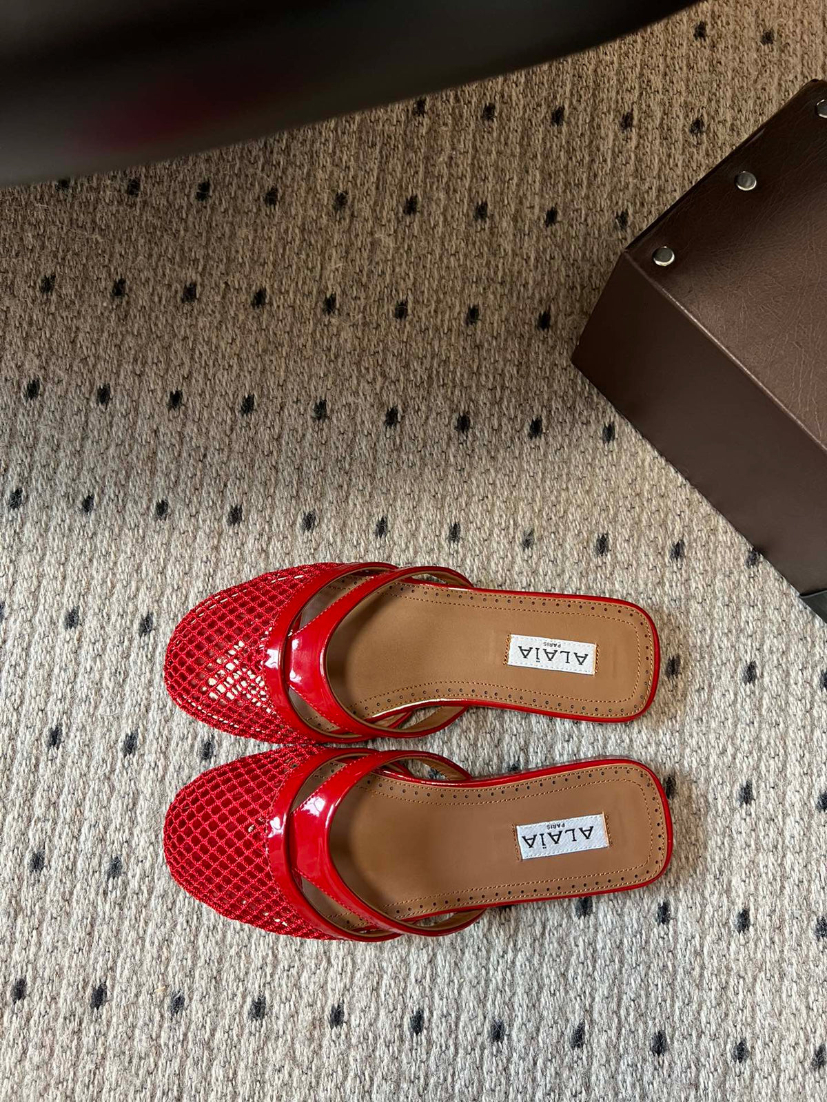 Alaia 25 Infradito Fishnet Flat Mules Red Lampskin 303710