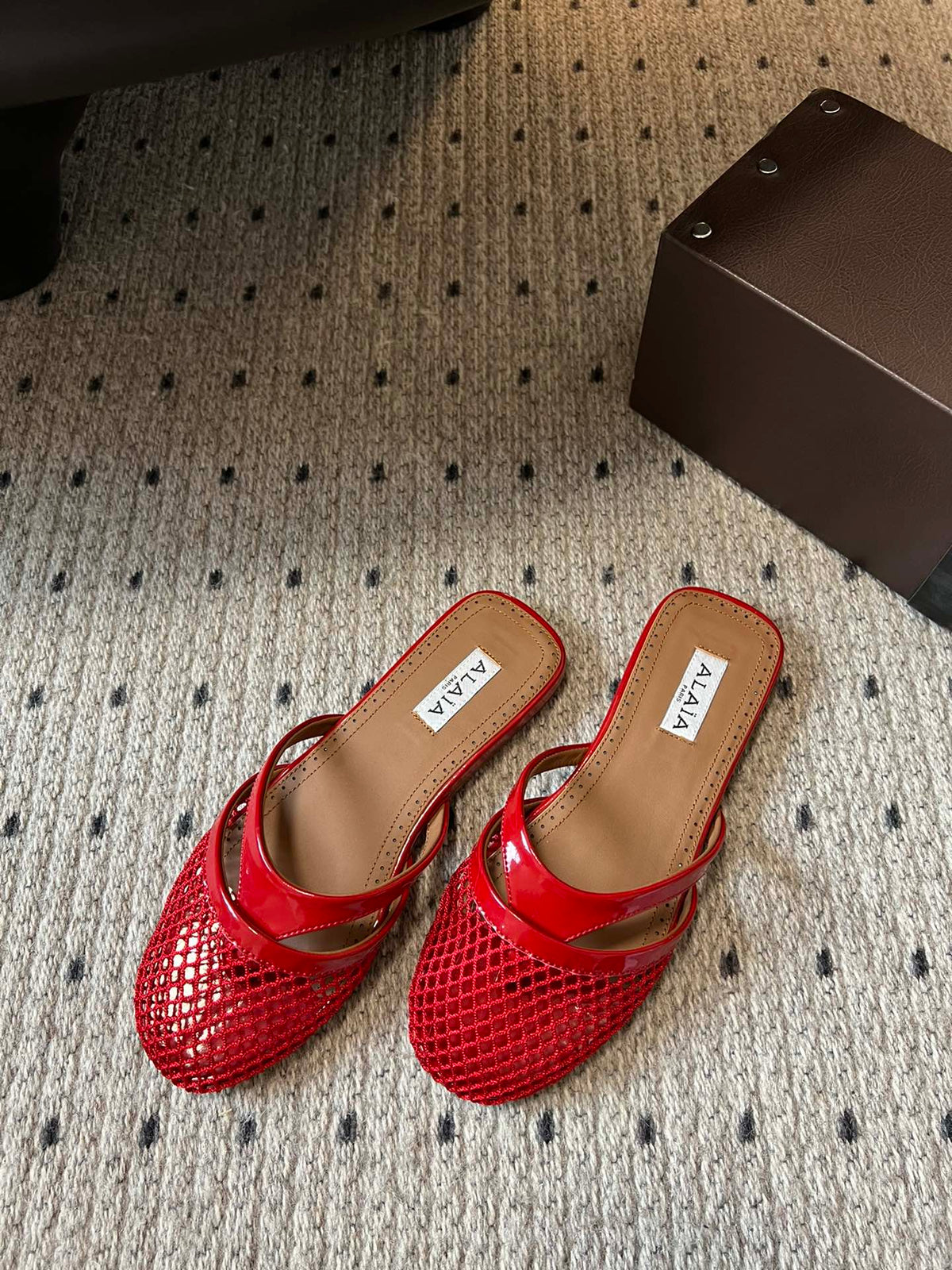 Alaia 25 Infradito Fishnet Flat Mules Red Lampskin 303710