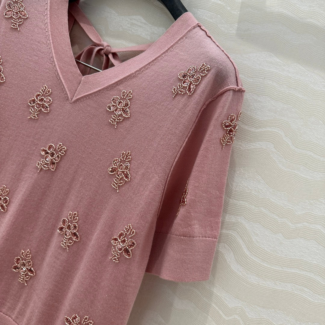 Fendi Beaded Flower V-neck Knitted Small Top Pink Wool