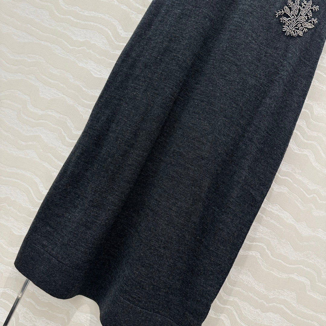 Fendi Beaded Flower Knitted Dress Black Gray Wool