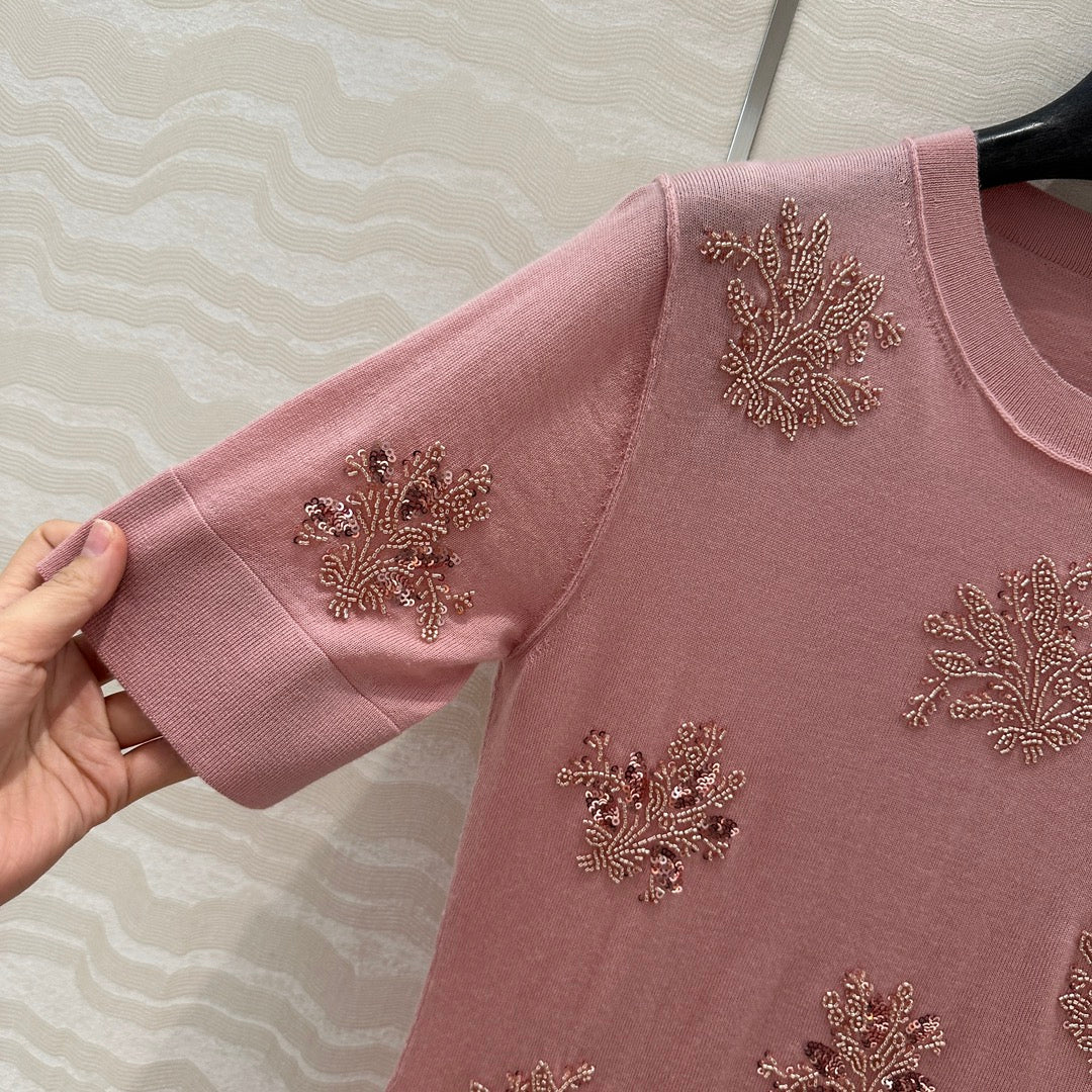 Fendi Beaded Flower Knitted Dress Pink Wool