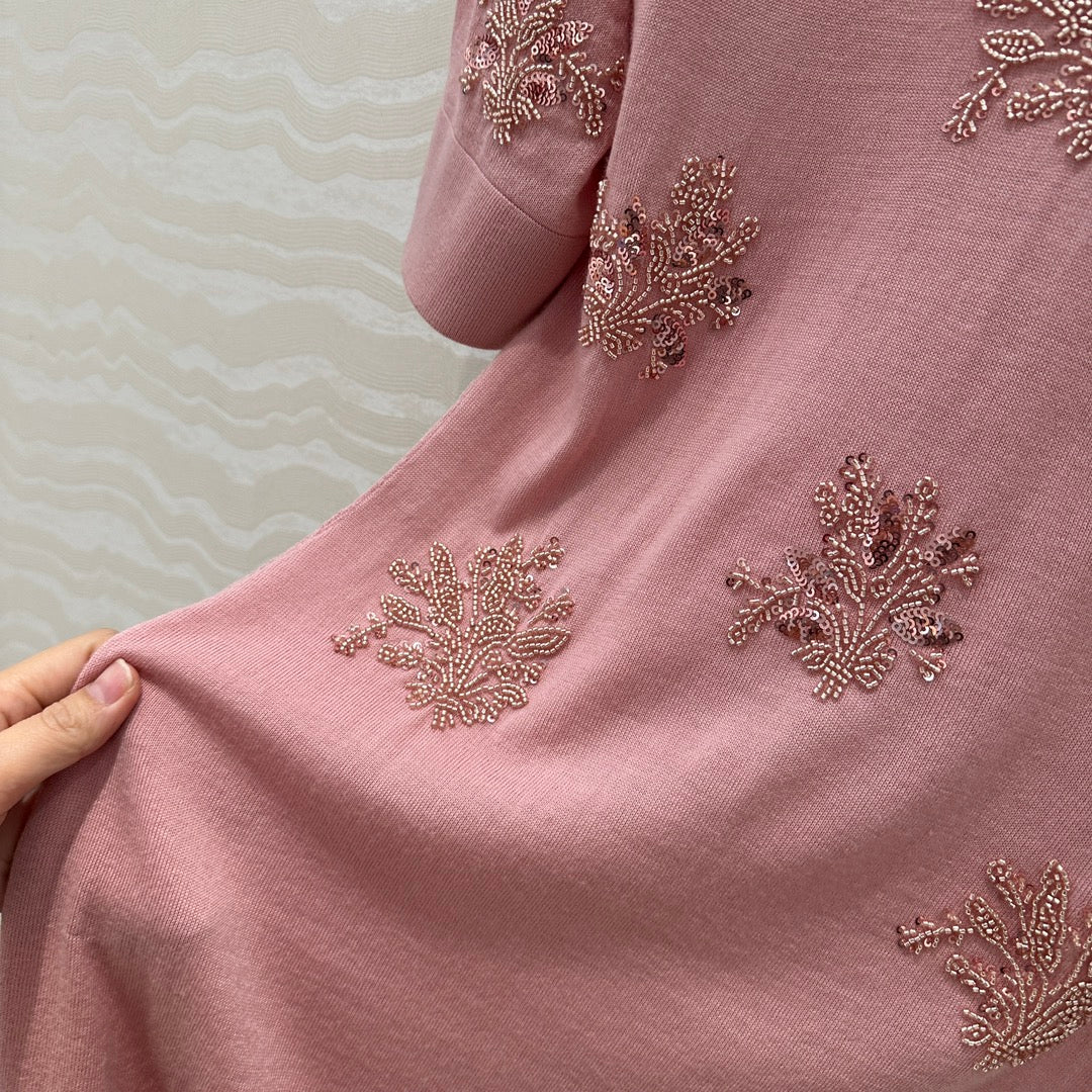 Fendi Beaded Flower Knitted Dress Pink Wool