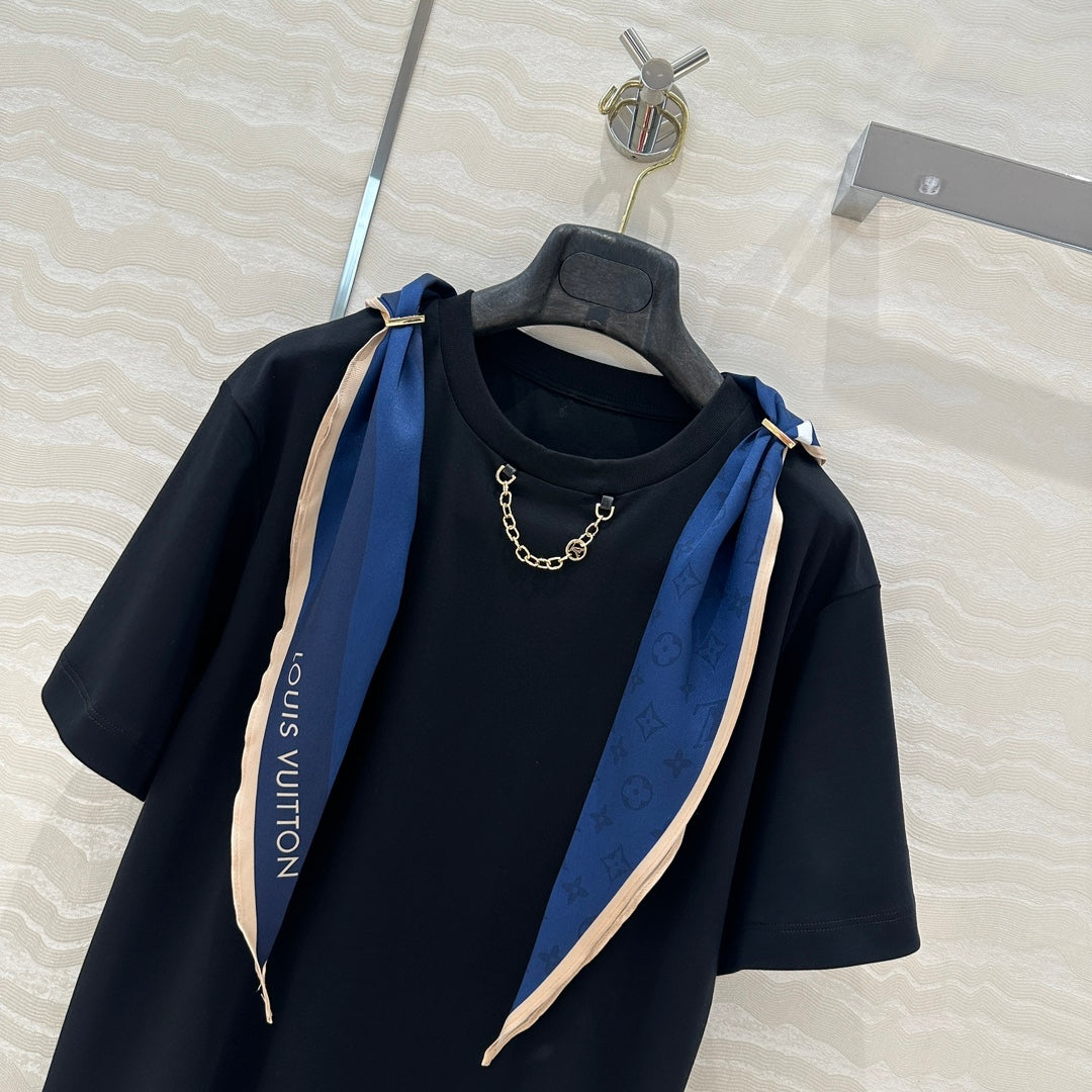 LV High-Sense Silk Scarf T-shirt Black White Cotton