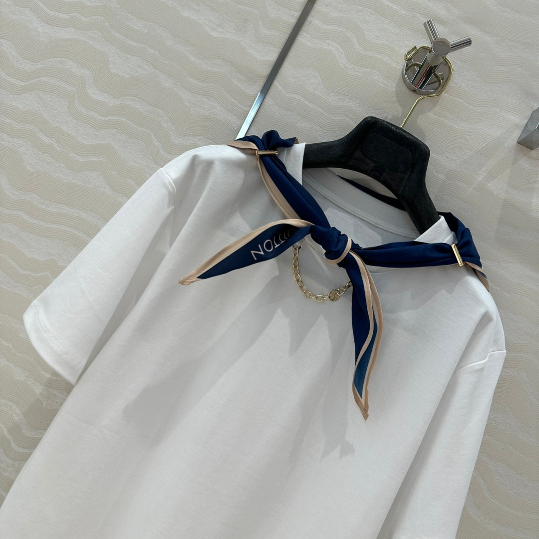 LV High-Sense Silk Scarf T-shirt Black White Cotton