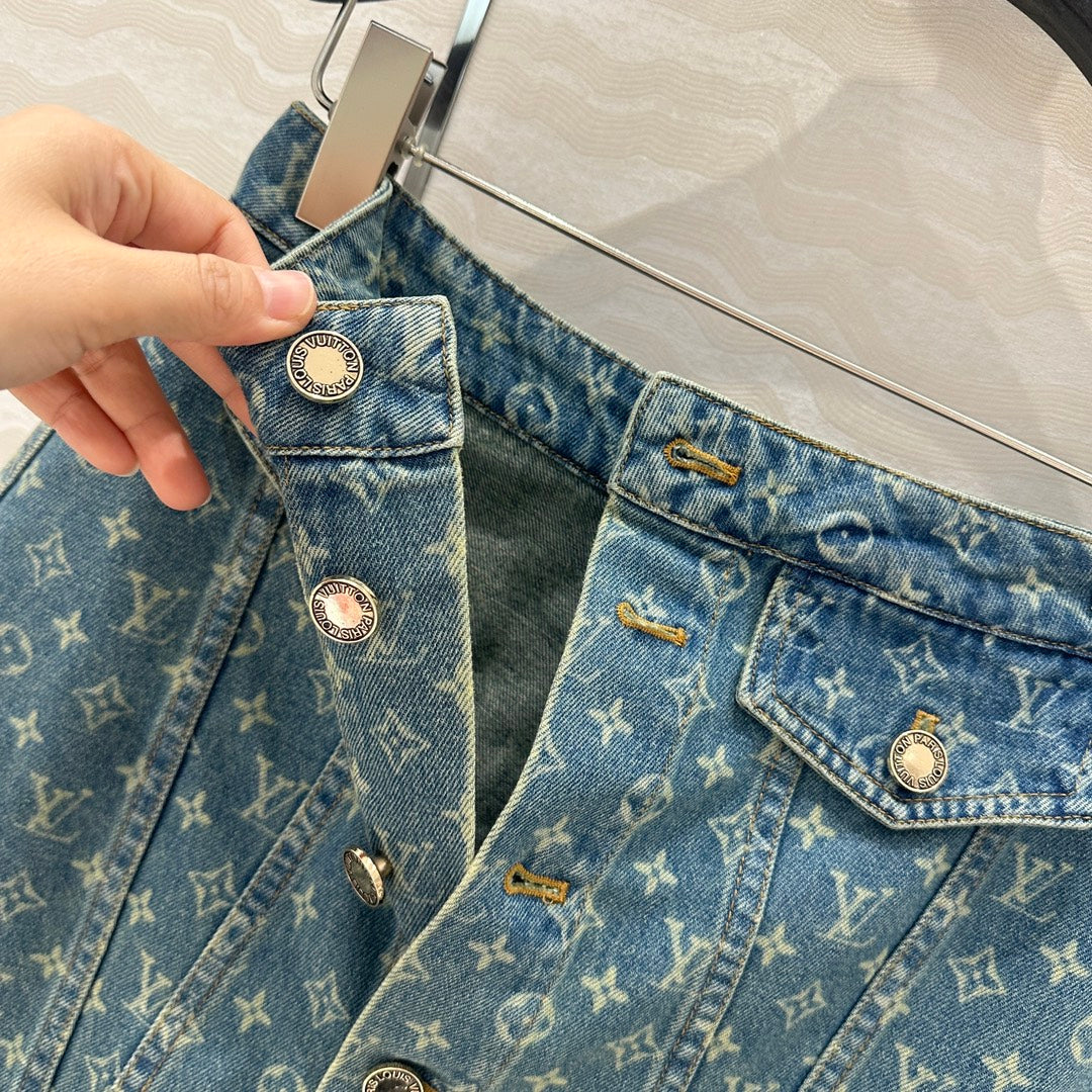 LV Bear Border Denim Skirt Blue Cotton