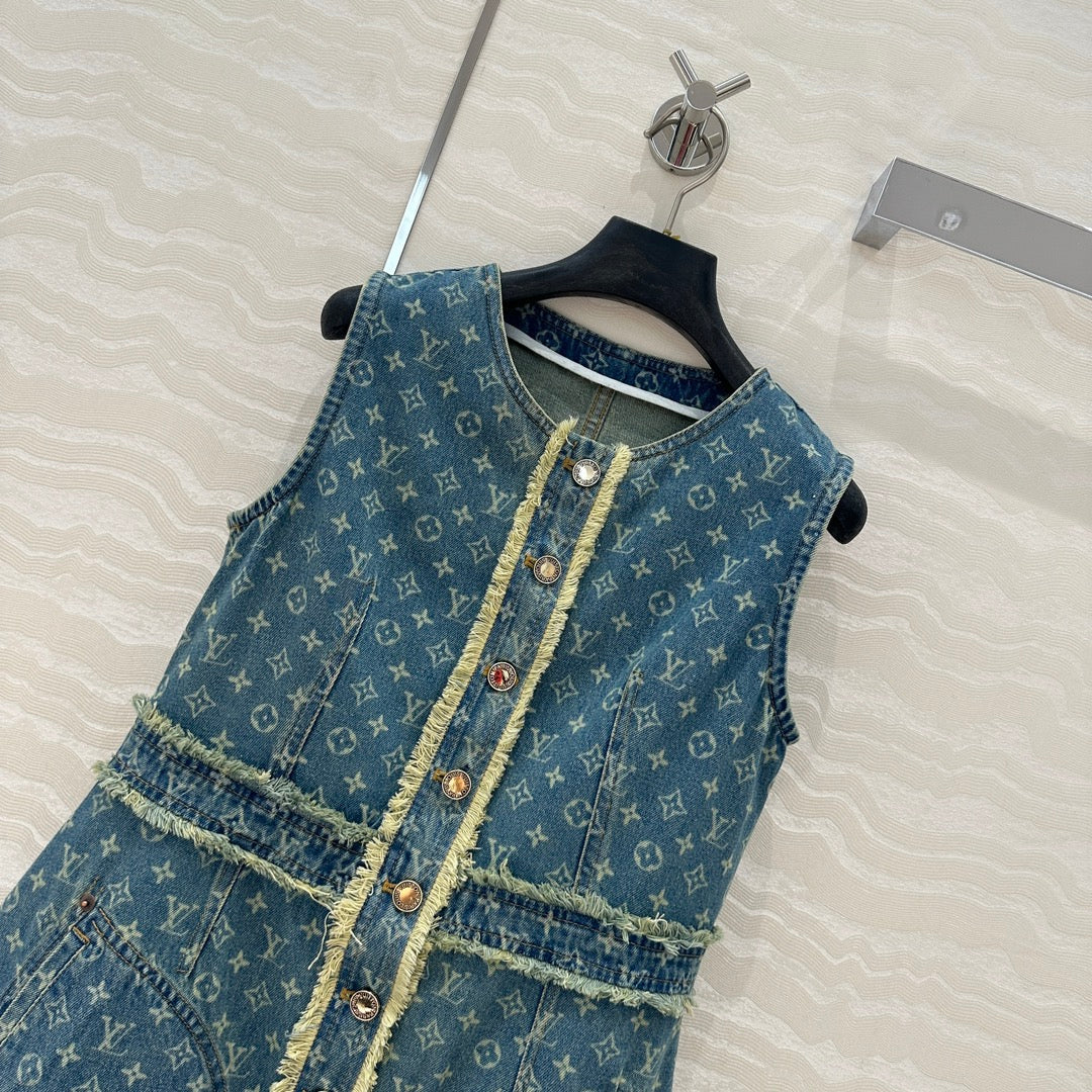 LV Hair Edge Craftsmanship Denim Dress Blue Cotton