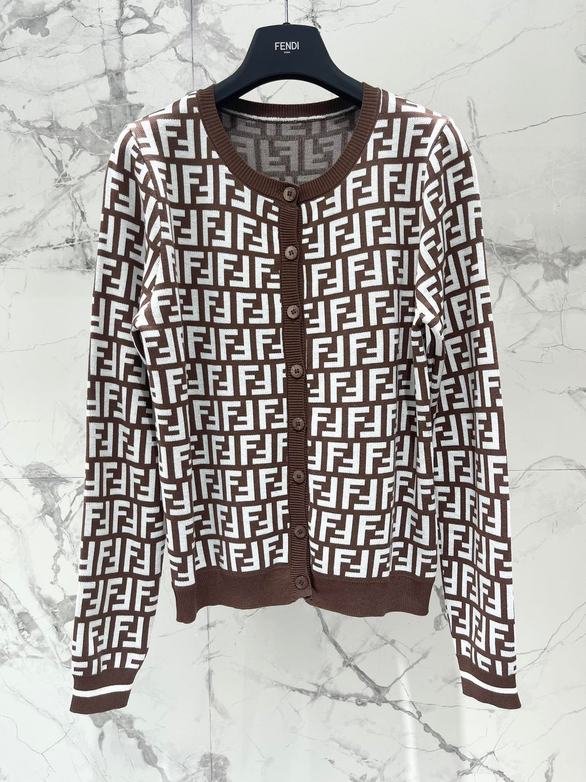 Fendi Double f Letter Knitted Cardigan Brown Wool