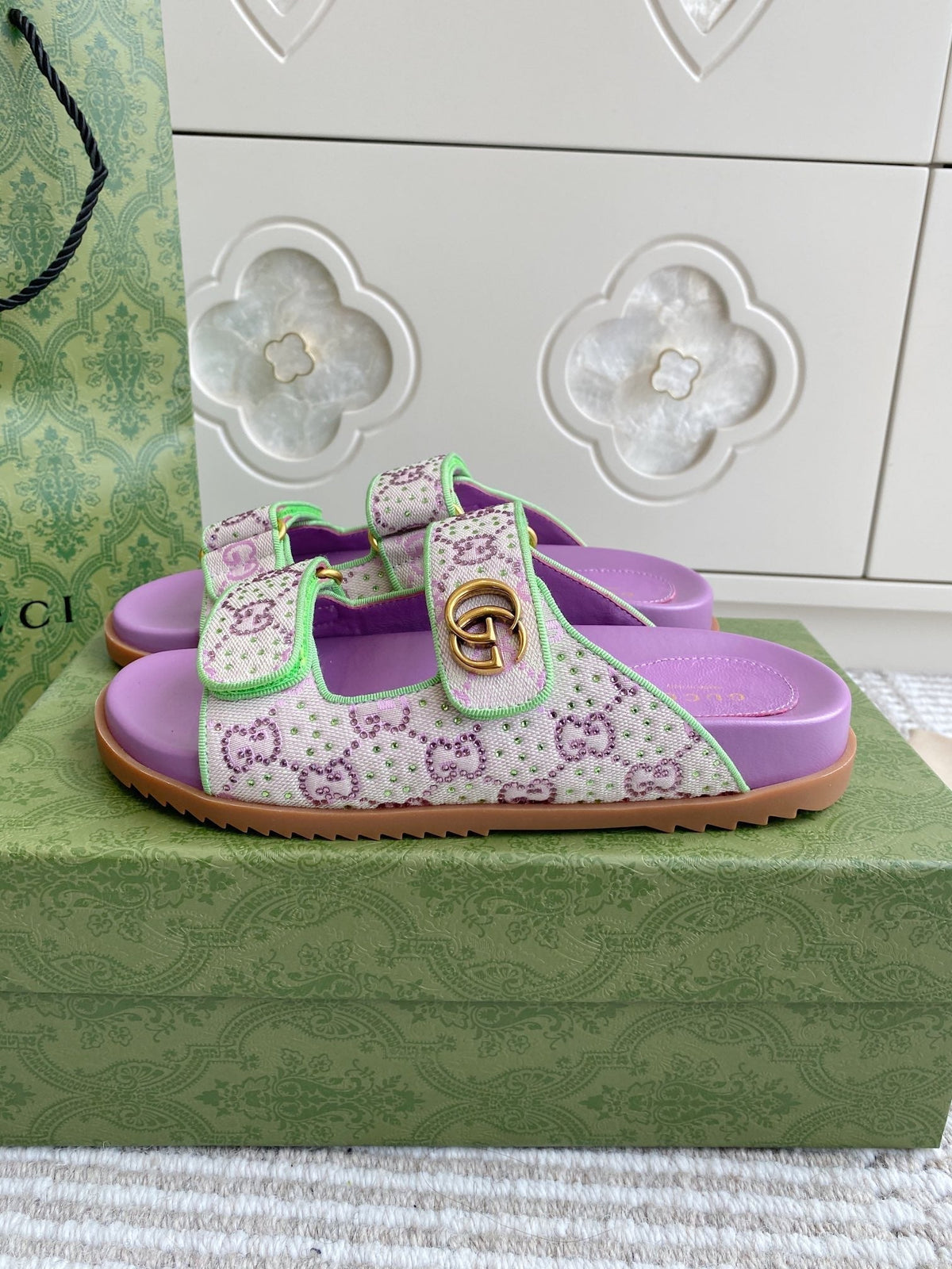 GC sandal with Double G Purple Canvas Sheepskin 291018