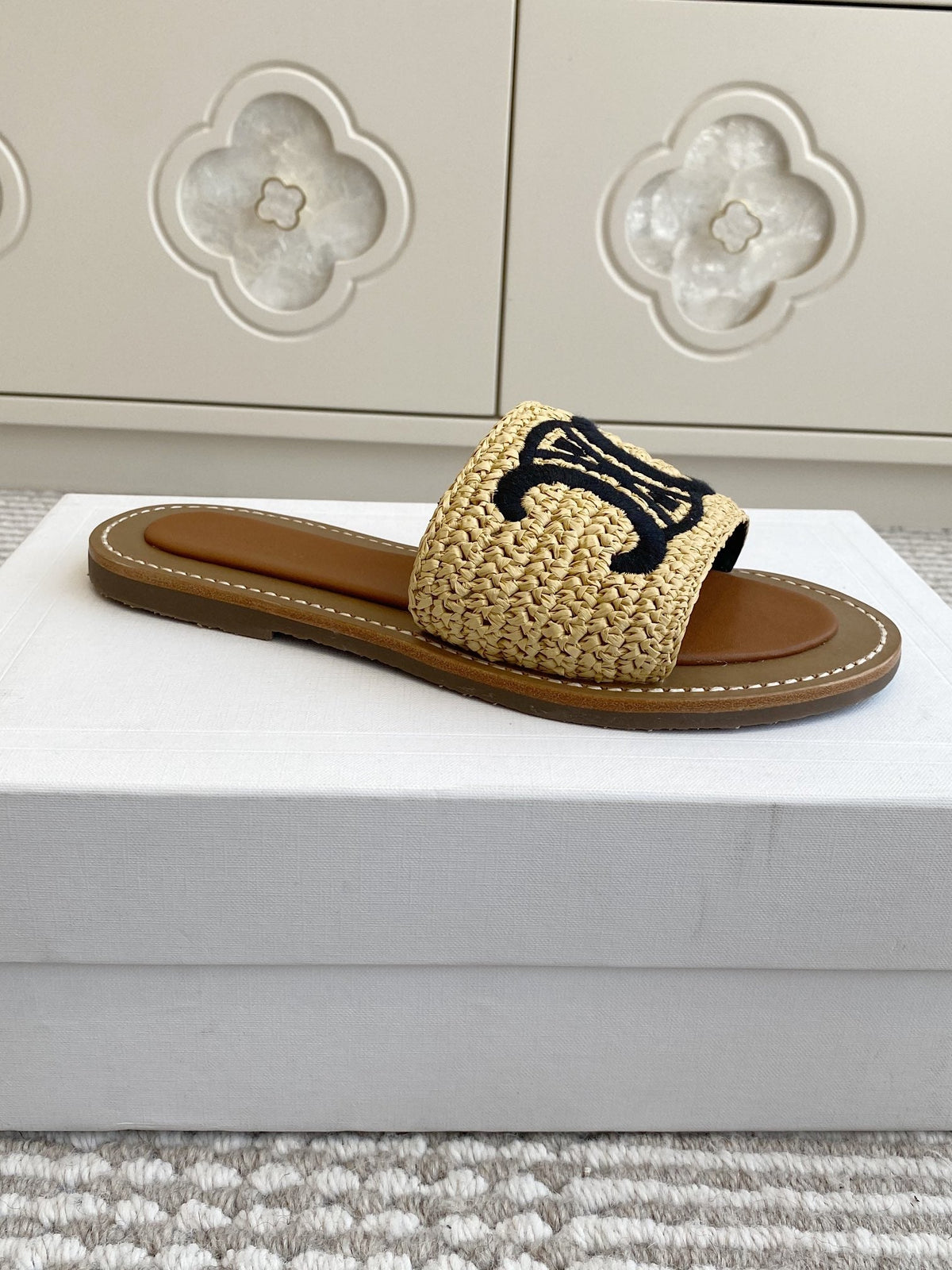 CELINE 25 Slippers Beige Black Sedge 285982
