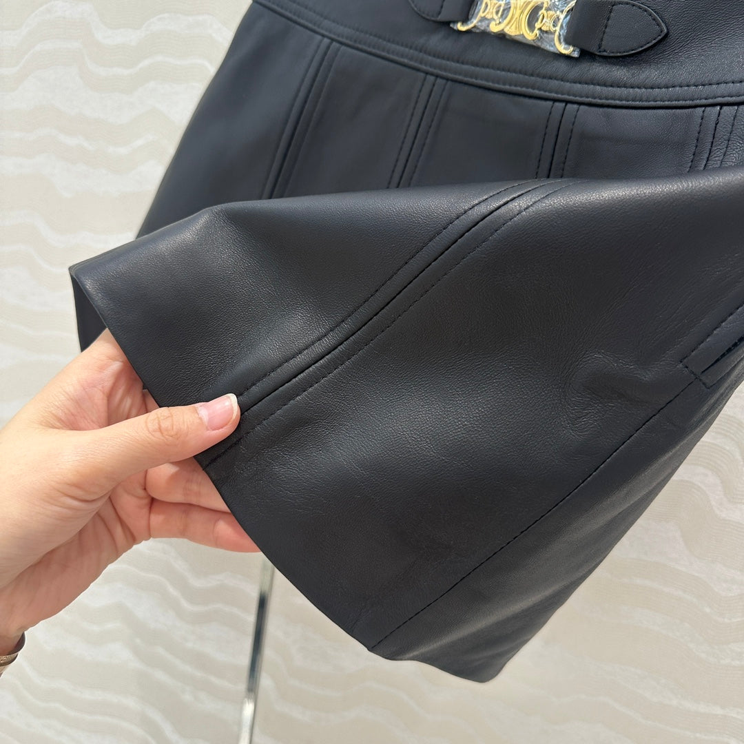 Celine Arc de Triomphe Metal Buckle skirt Black Lambskin