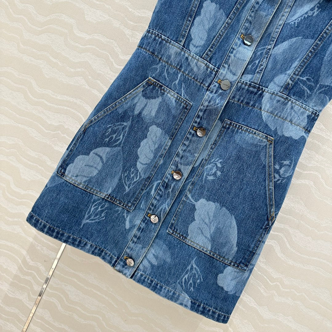 Fendi Flower Vest Dress Blue cotton