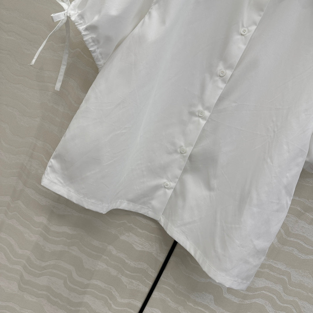 Prada Drawstring Lantern Sleeve Shirt White Cotton