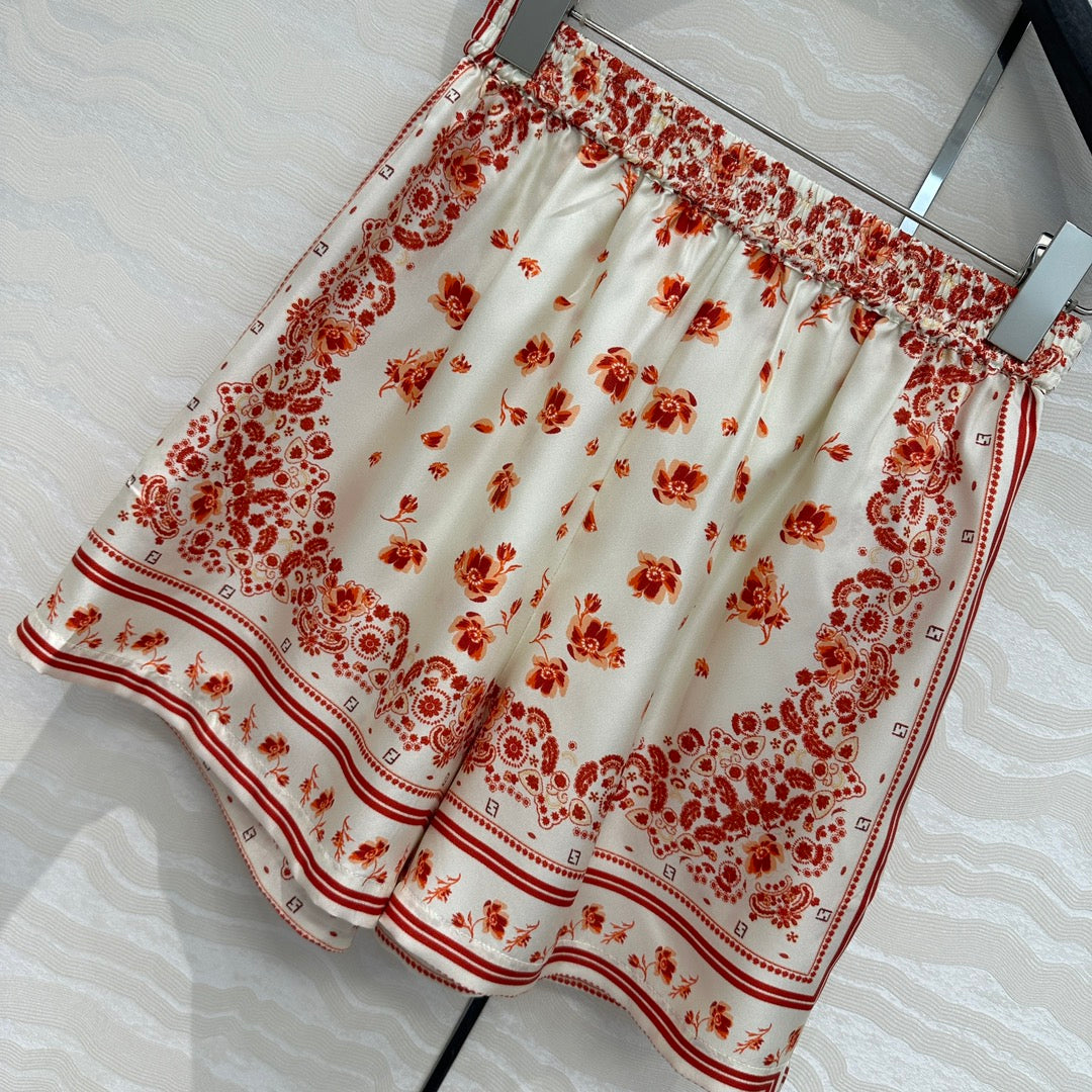 Fendi Flower Short Red Silk