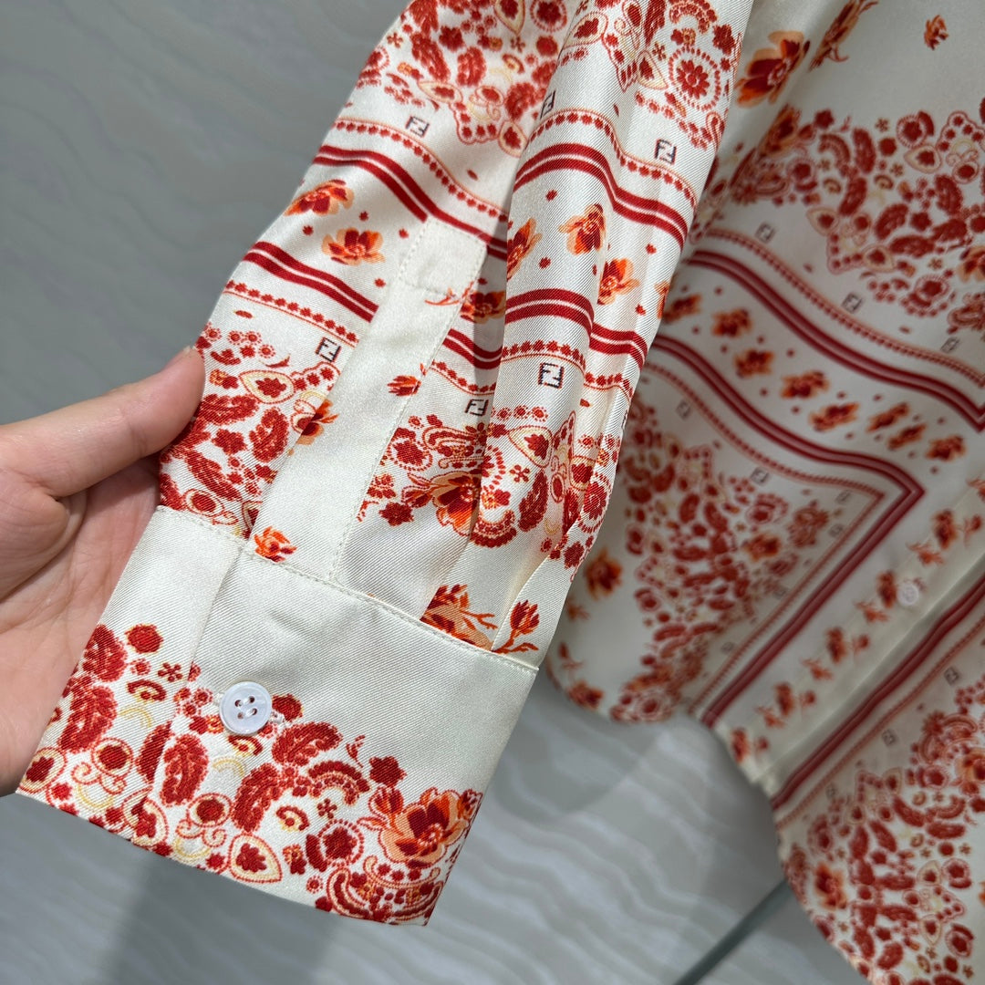 Fendi Flower Shirt Red Silk