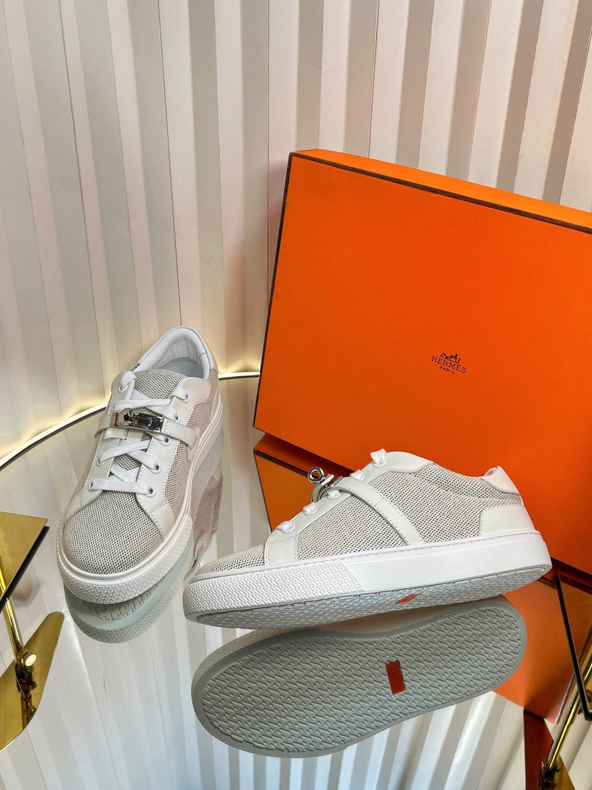 HM Kelly Sneaker White Cowhide Fabric 317055
