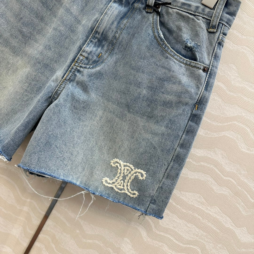 Celine Logo Embroided Denim Short Light Blue Cotton