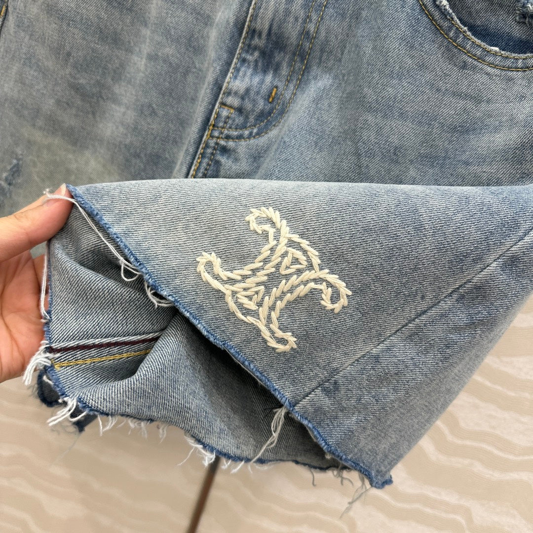 Celine Logo Embroided Denim Short Light Blue Cotton